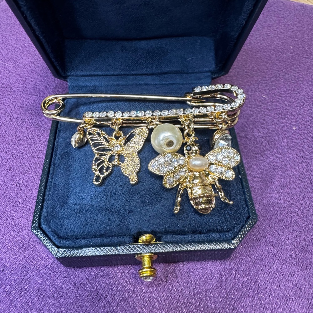 Elegant Gold Bee & Butterfly Safety Pin Brooch